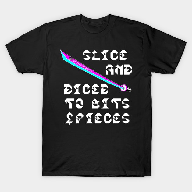 Slice And Diced To Bits and Pieces, v. Code Cyan Magenta Wht Text T-Shirt by punchado